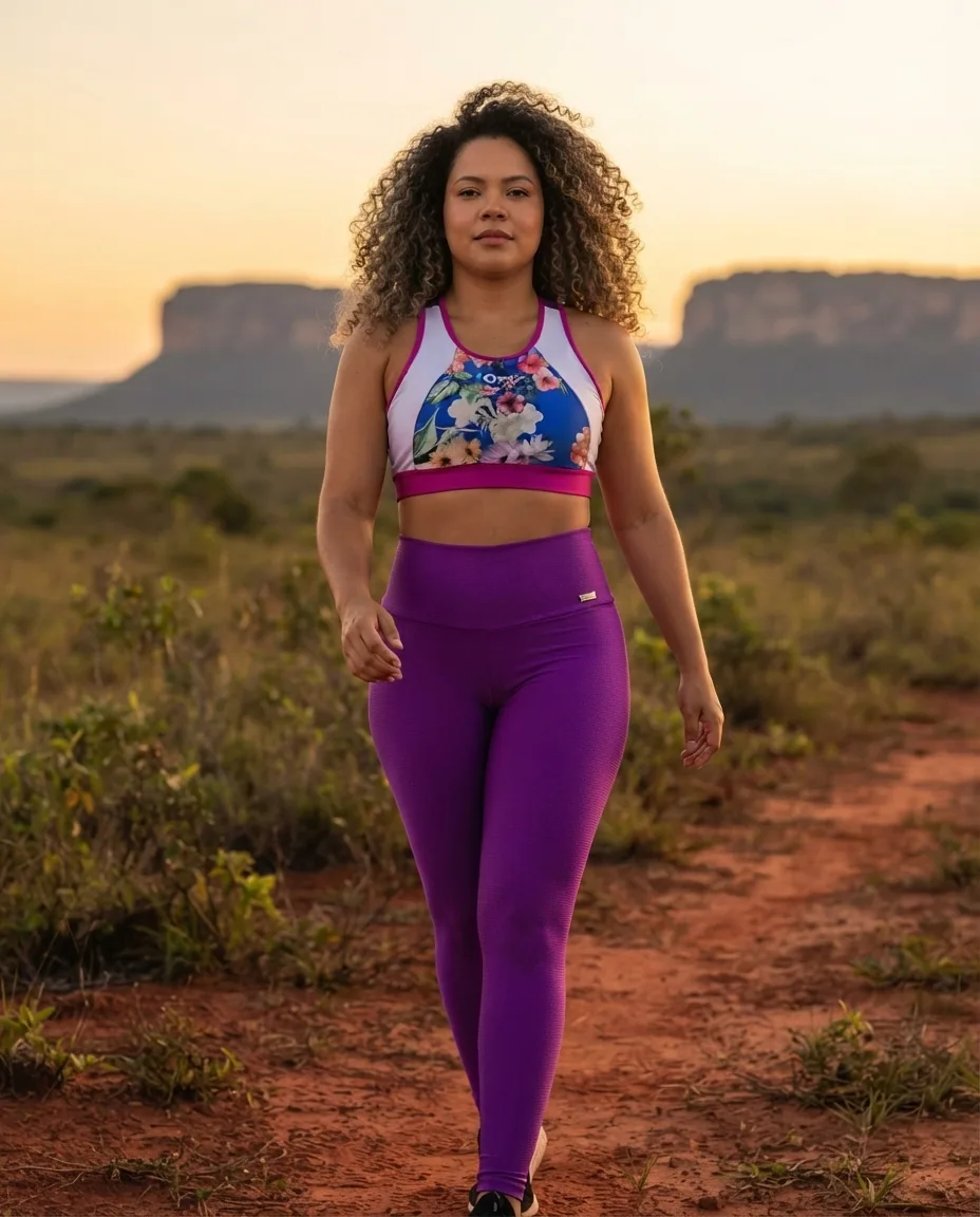 Conjunto Legging Roxa e Top Floral — No corpo