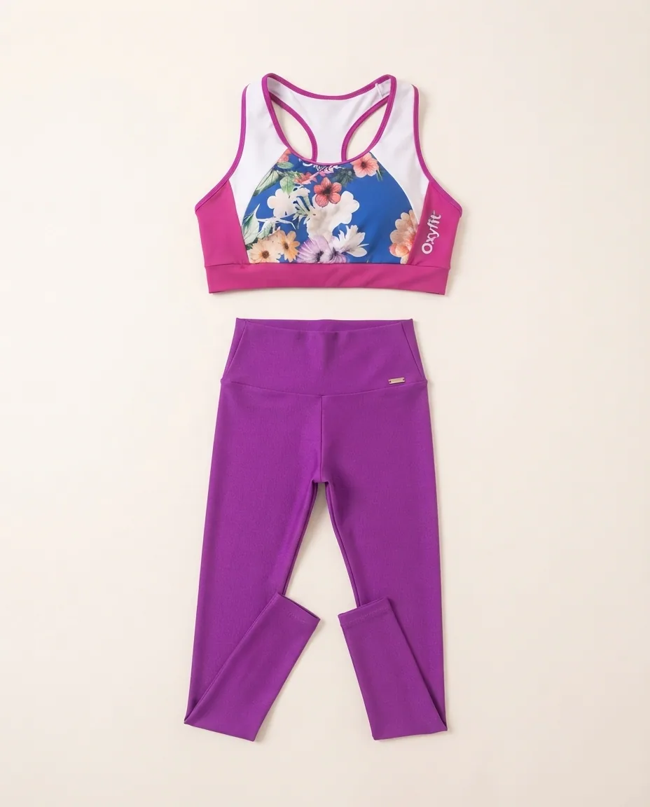 Conjunto Legging Roxa e Top Floral — Detalhe da peça