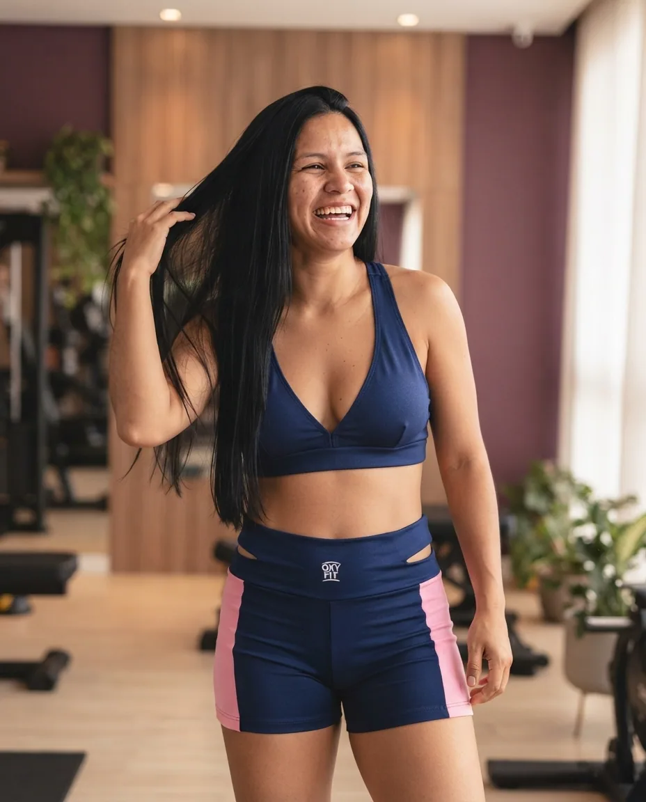 Conjunto Oxyfit Azul com Rosa — No corpo