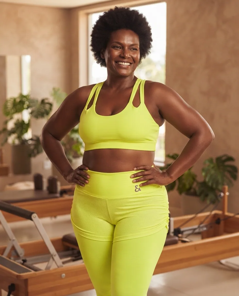 Conjunto Fitness Amarelo Limão com Saia — No corpo