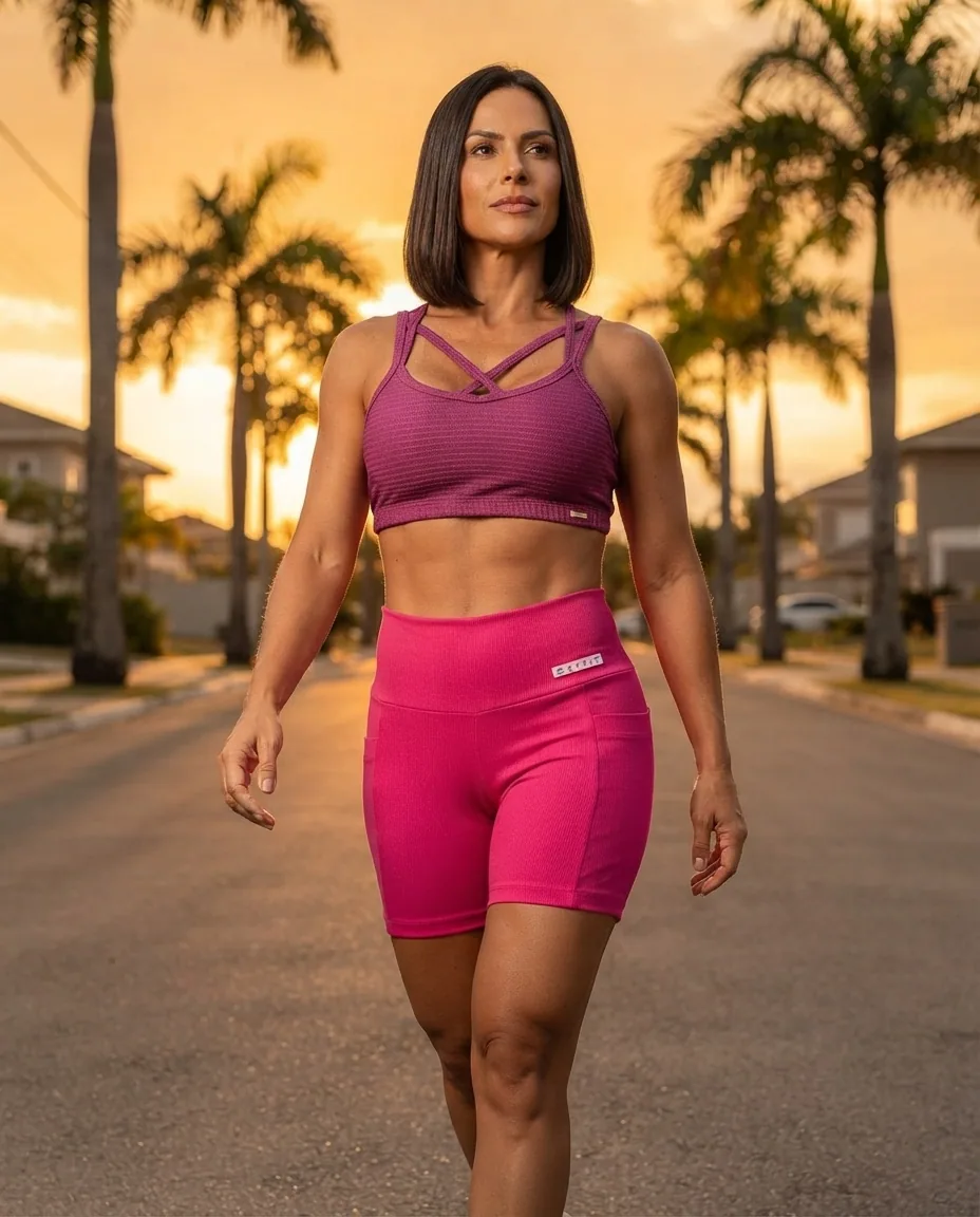 Conjunto Fitness Rosa com Top e Short — No corpo