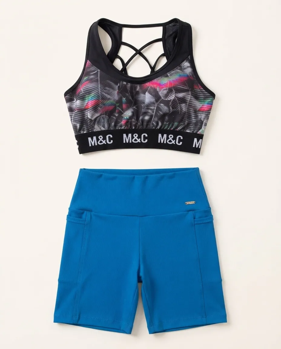 Conjunto Fitness Top Estampado e Short Azul — Detalhe da peça