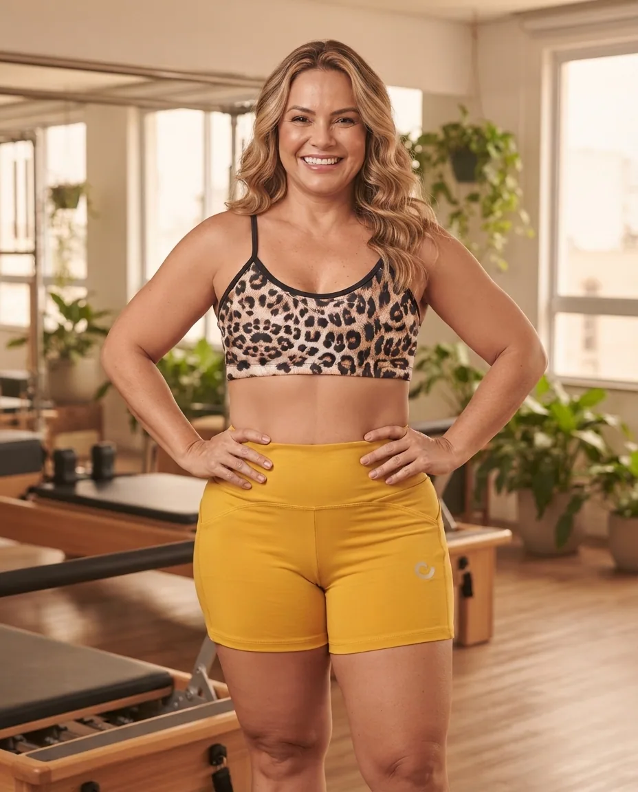 Conjunto Fitness Onça e Amarelo — No corpo