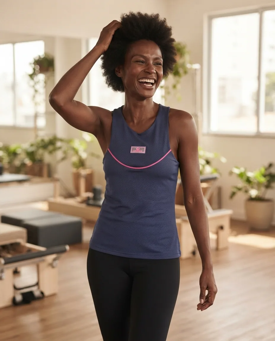 Regata Azul com Detalhe Pink Cajubrasil — No corpo