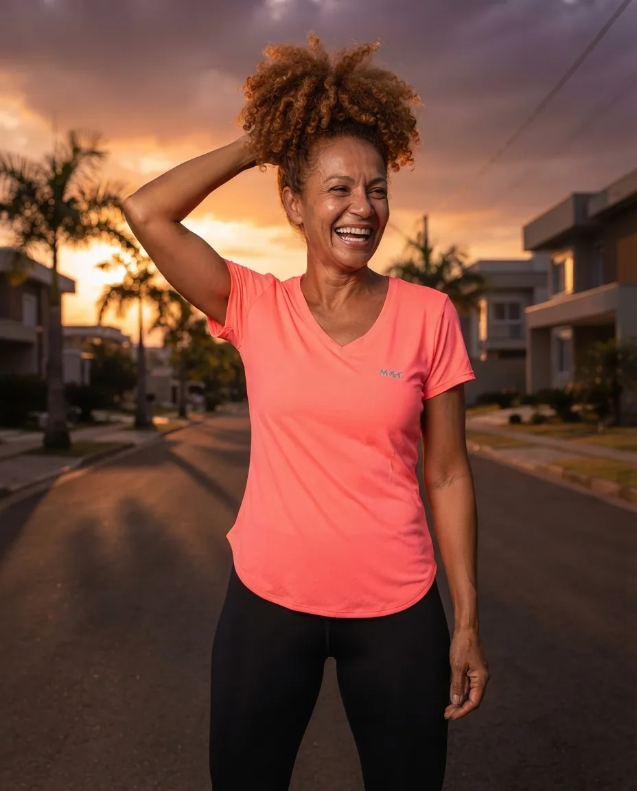 Blusa Rosa Neon Fitness Movimento & Companhia — No corpo