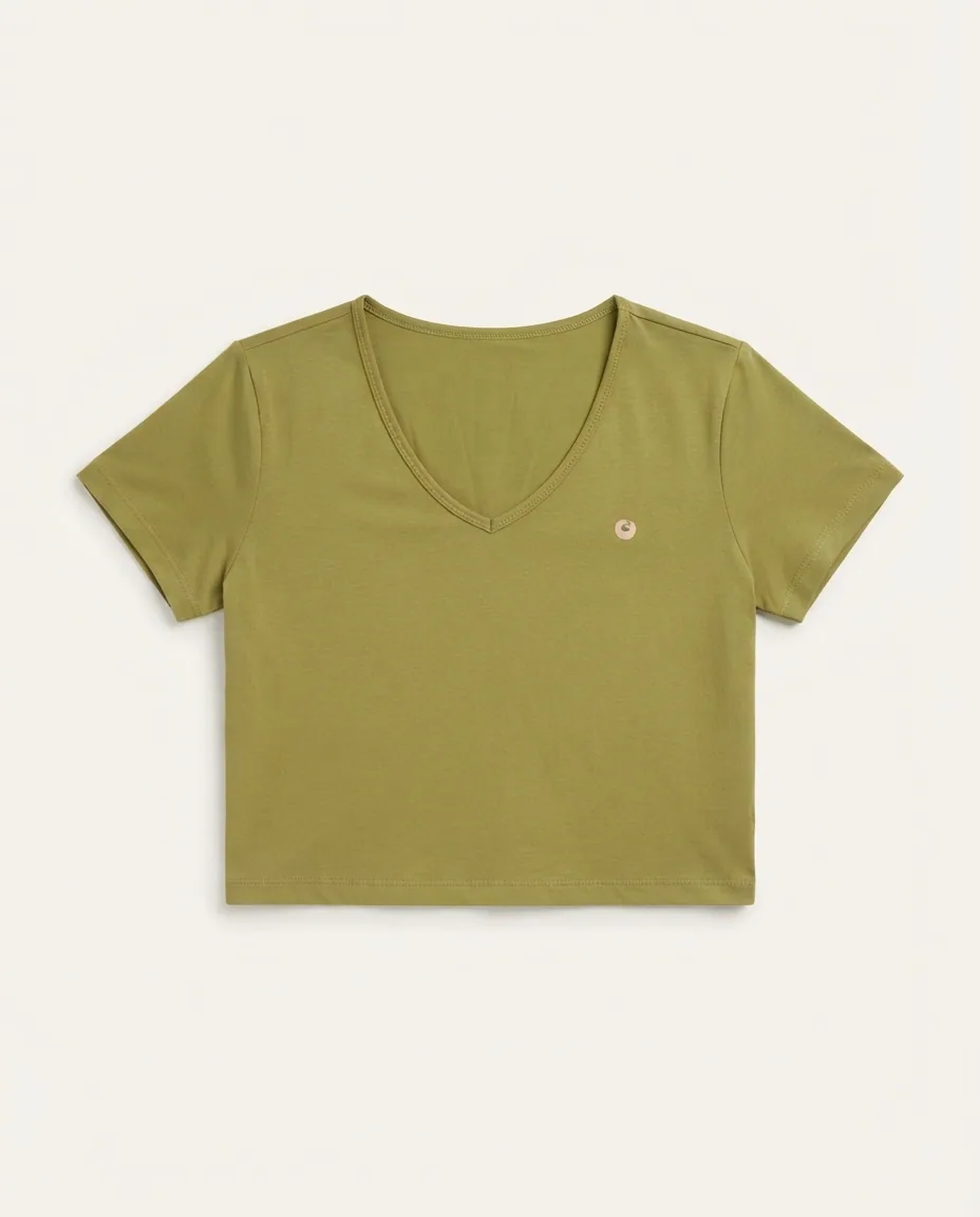 Blusa Verde Oliva Decote V Cajubrasil — Detalhe da peça