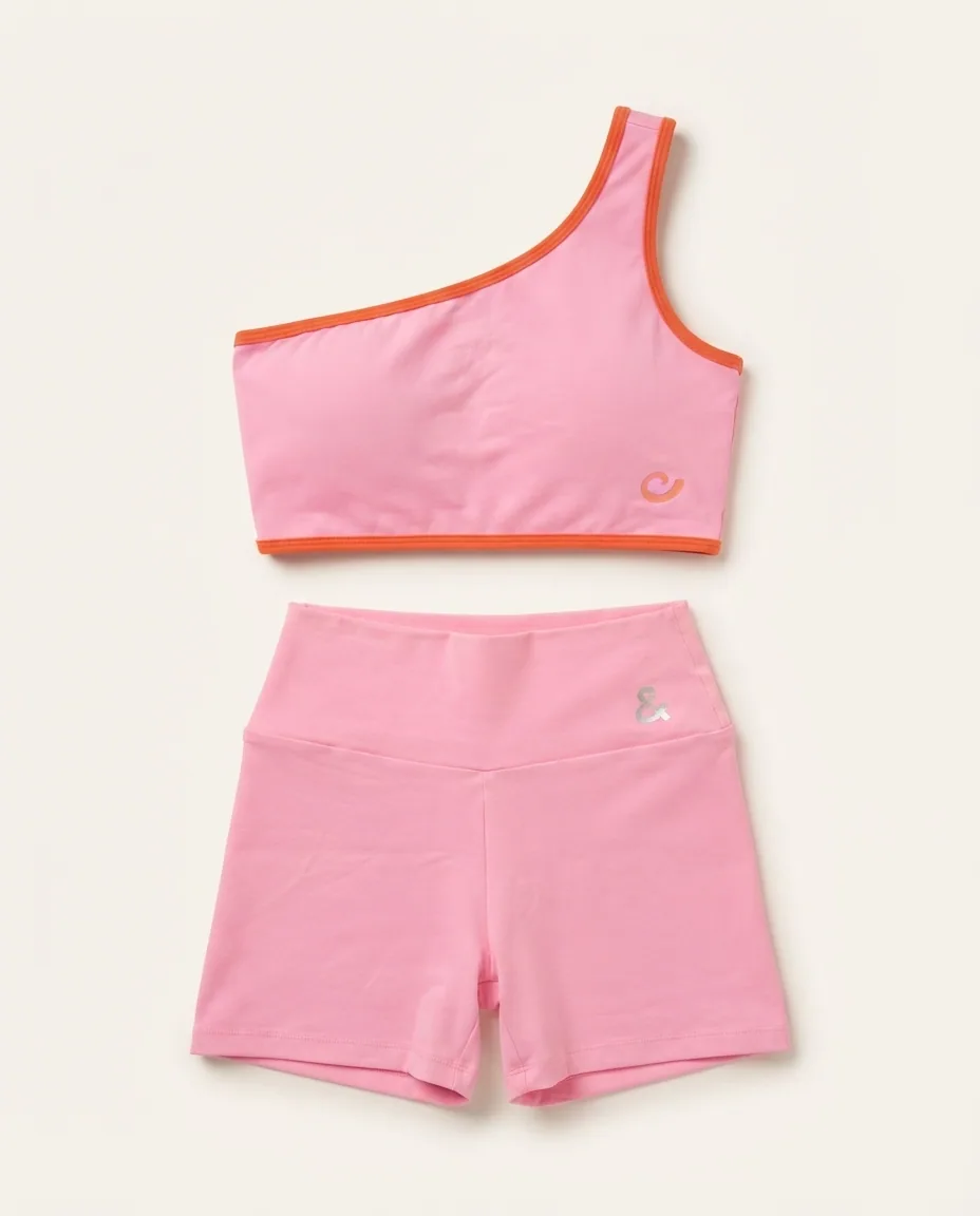 Conjunto Fitness Rosa com Viés Laranja — Detalhe da peça