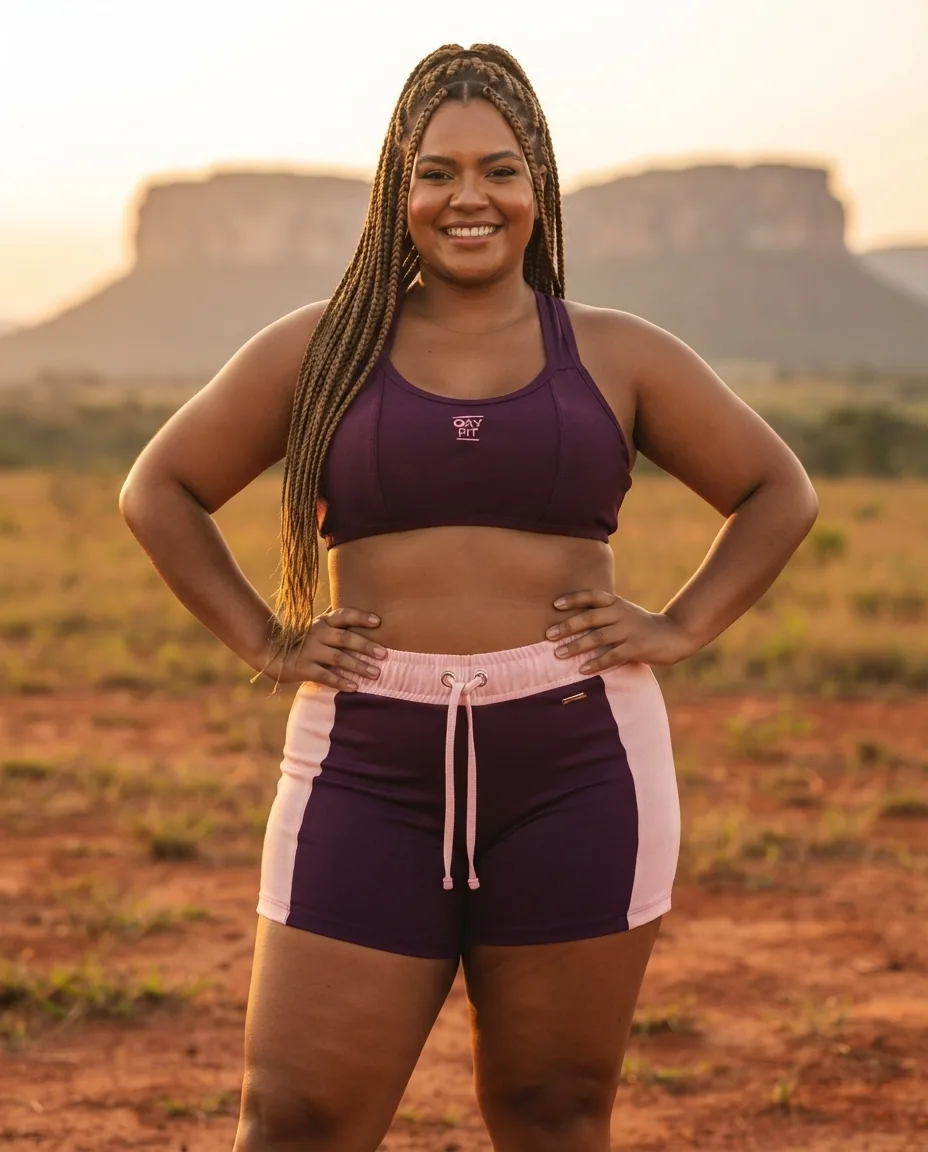 Conjunto Oxyfit roxo e rosa — No corpo