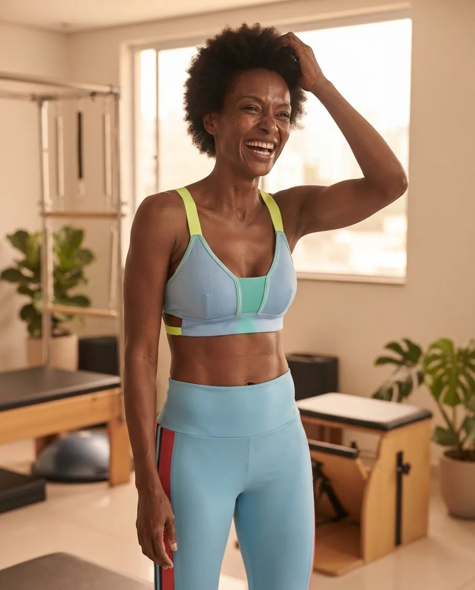 Conjunto fitness azul com listras Cajubrasil — No corpo