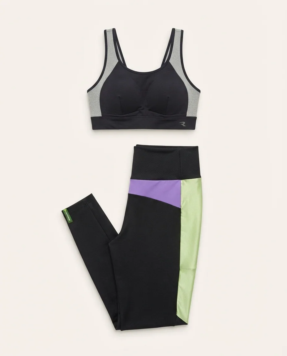 Conjunto fitness preto com recortes coloridos — Detalhe da peça