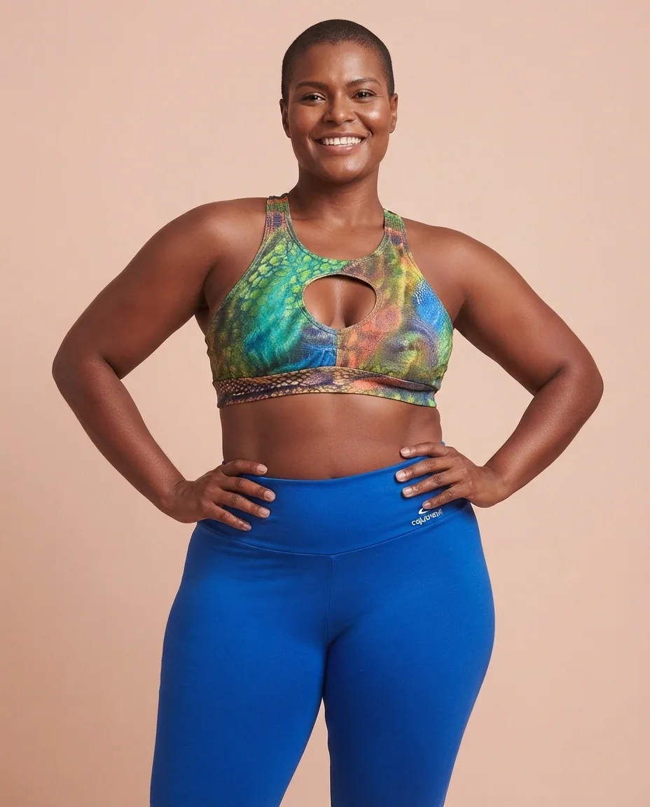 Conjunto Legging Azul e Top Estampado — No corpo